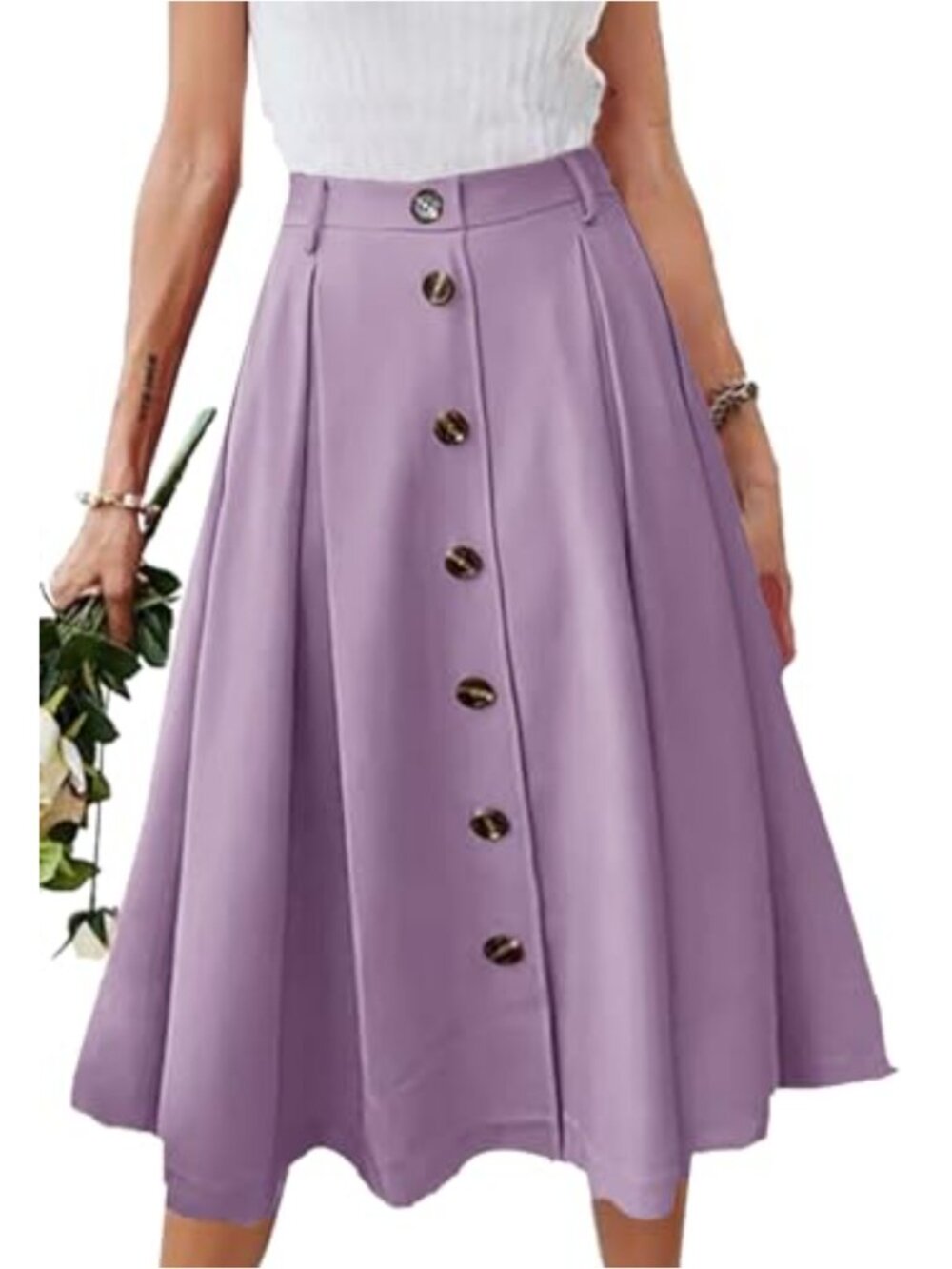Pleated A-Line Midi Skirt Elastic Waist Button Front Flared with Pockets